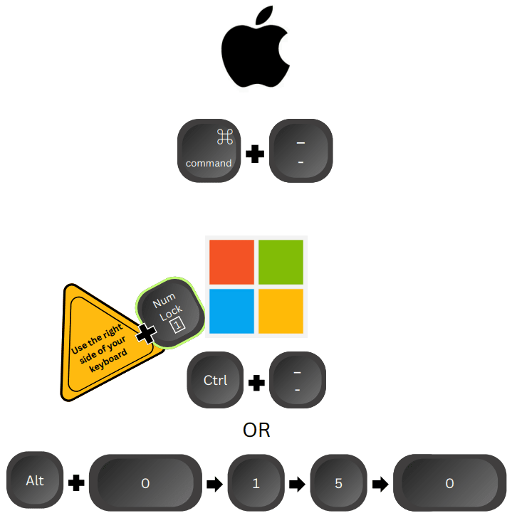 An illustration showing how to insert an en dash into text from a keyboard.