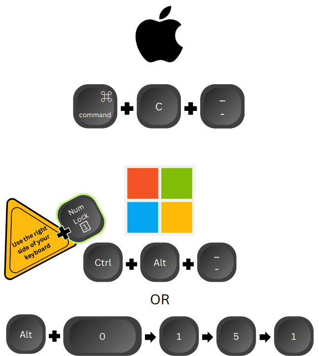 An illustration showing how to insert an em dash into text from a keyboard.